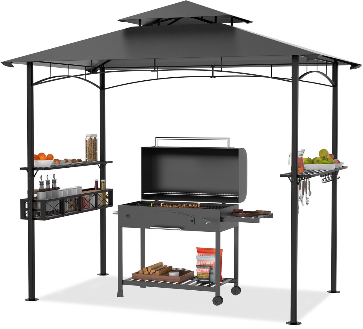 ACXIN Grillpaviljoen - Winterproof - Metalen frame - 245×153×250 cm, Regen & Zon, Inclusief opbergbak, Grijs