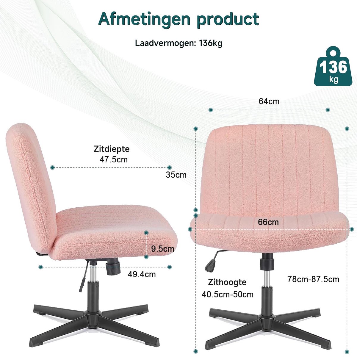 Hengjian Bureaustoel Teddy Stof 360° Draaibaar Hoogte Verstelbaar - afbeelding 2