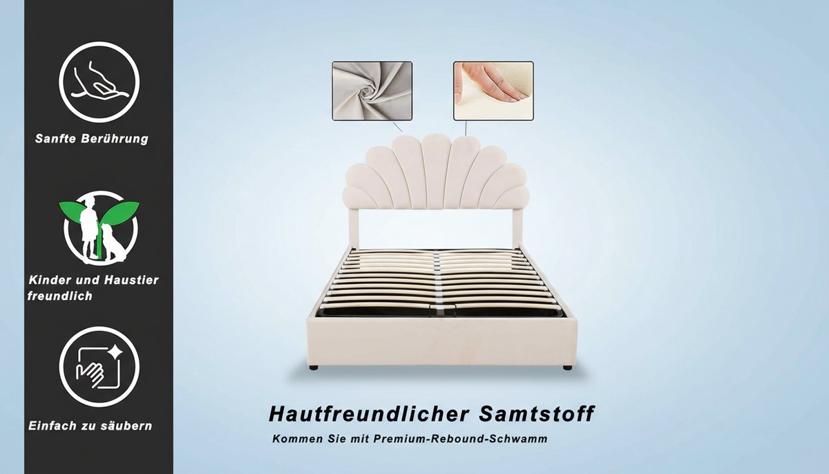 Tienerbed 140x200 cm met Hydraulische Opbergruimte – Casa Velluto Bellezza Velvet Bed – Verstelbaar Hoofdeinde – Fluweel Beige – Houten Lattenbodem – Art Deco Tweepersoonsbed