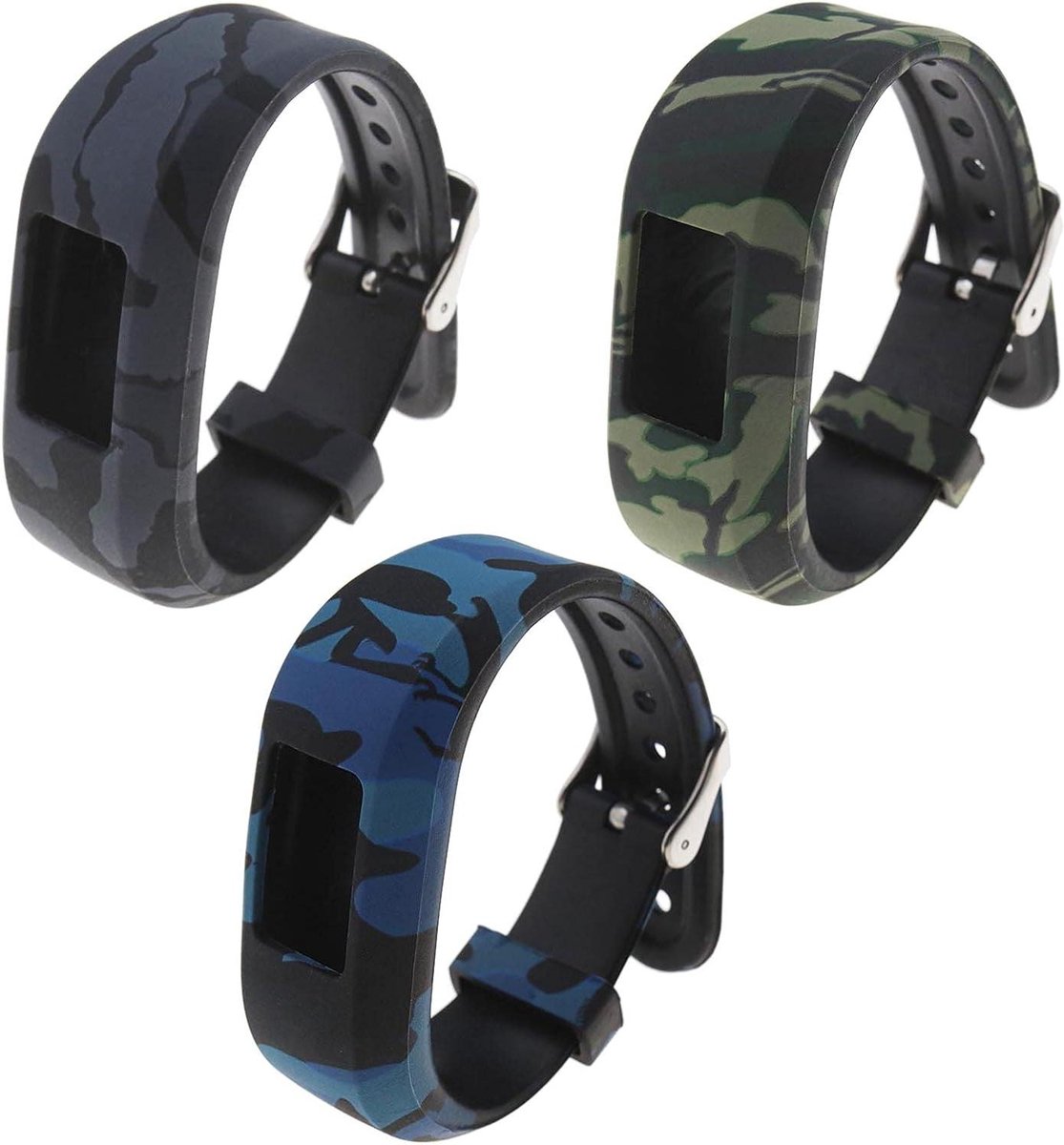 Allecto- Vervangende riem - Siliconen - Veilige metalen gesp - Kleine formaat - 145 mm - Blauw grijs groen - Compatibel met Activity Tracker - Garmin Vivofit jr-jr2 - 3 stuks - Geschikt voor kids - Colorful bandjes met metalen sluiting.