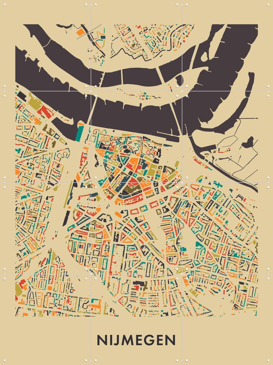 IXXI Nijmegen Mosaic Map, Kunst in Kaart - 60 x 80 cm - Gratis ophangtool - Grote wanddecoratie en posters - Grafisch Ontwerp, Kleurrijk, Geometrische