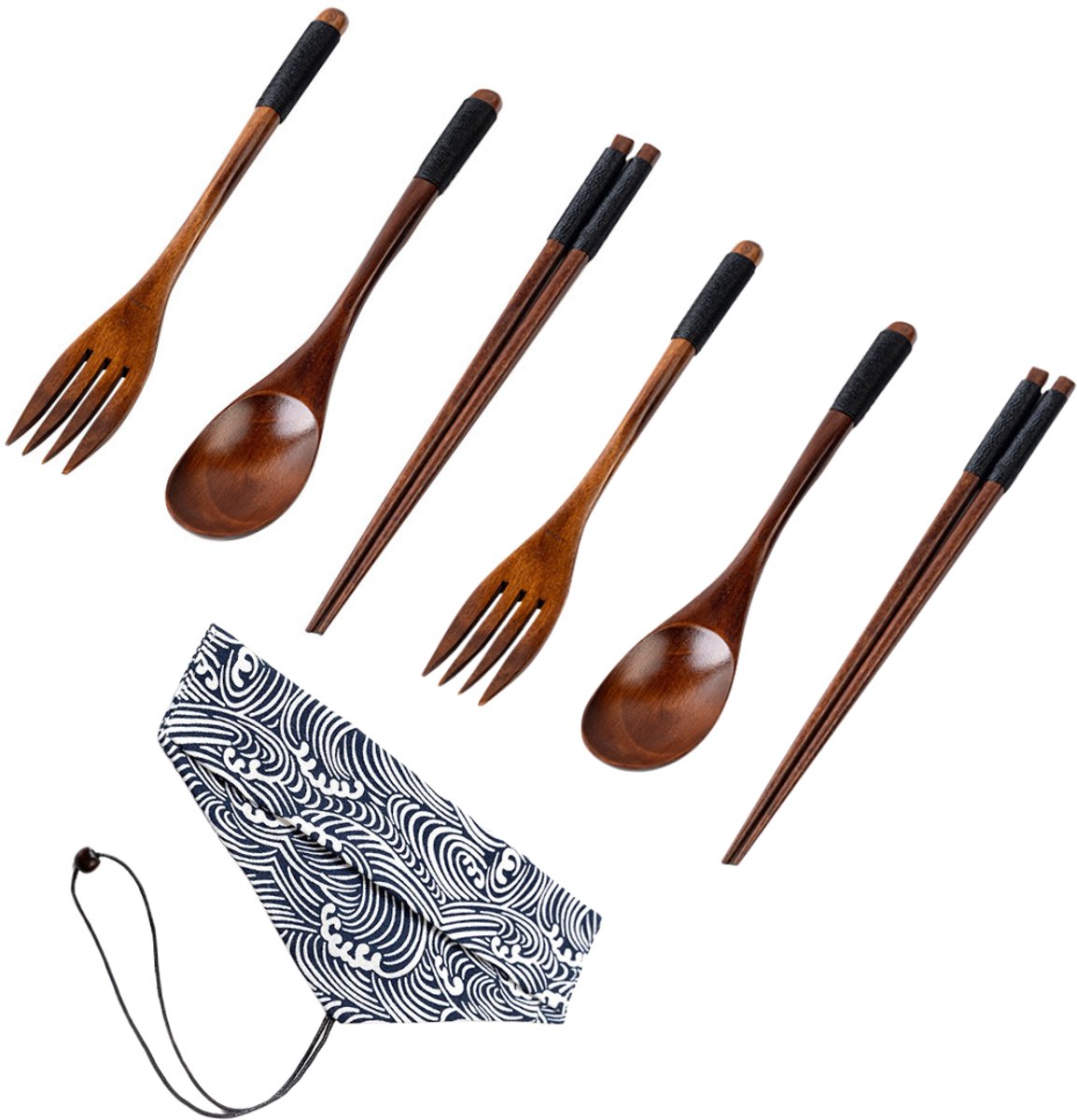 Twee Set Chopsticks - Bestek hout – Reis bestek - Bestekset - Duurzaam & Herbruikbaar Reisbestek – Eco-Friendly Lepel, Vork en Eetstokjes met Stoffen Opbergtasje
