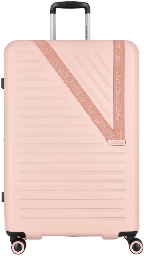 Roze koffer met schuine "AMERICAN TOURISTER"-band, horizontale lijnen, ritssluiting, handvat en TSA-slot.