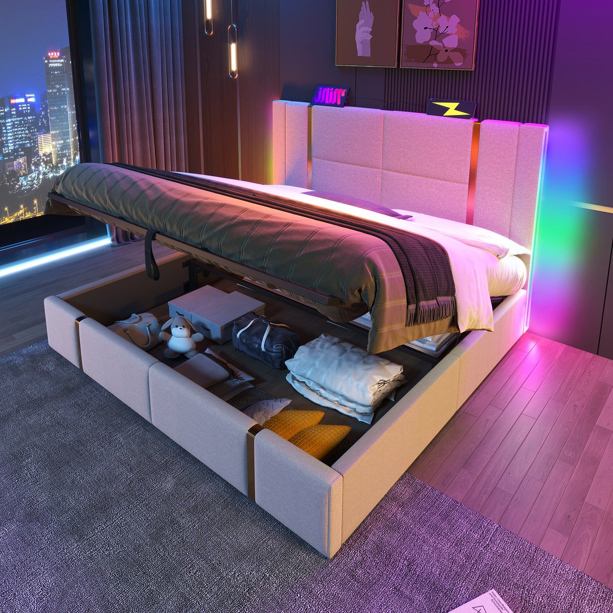 Wishdor Gestoffeerd Bed 140x200 cm – Kanaalstiksel met Gouden Lijnen – RGB-LED met App – USB/Type-C – Gasveer Opbergruimte – Linnen – Beige