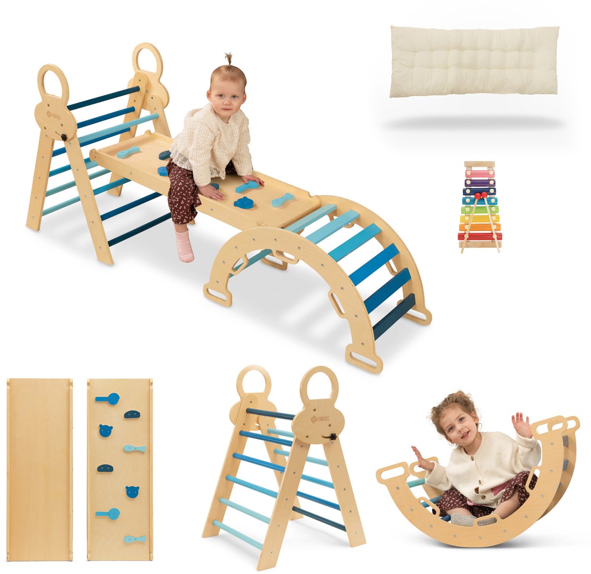 FINOOS Klimrek - Klimdriehoek - Klimboog - Glijbaan - Montessori - Houten Speelgoed - incl. kussen en Xylofoon - Blauw
