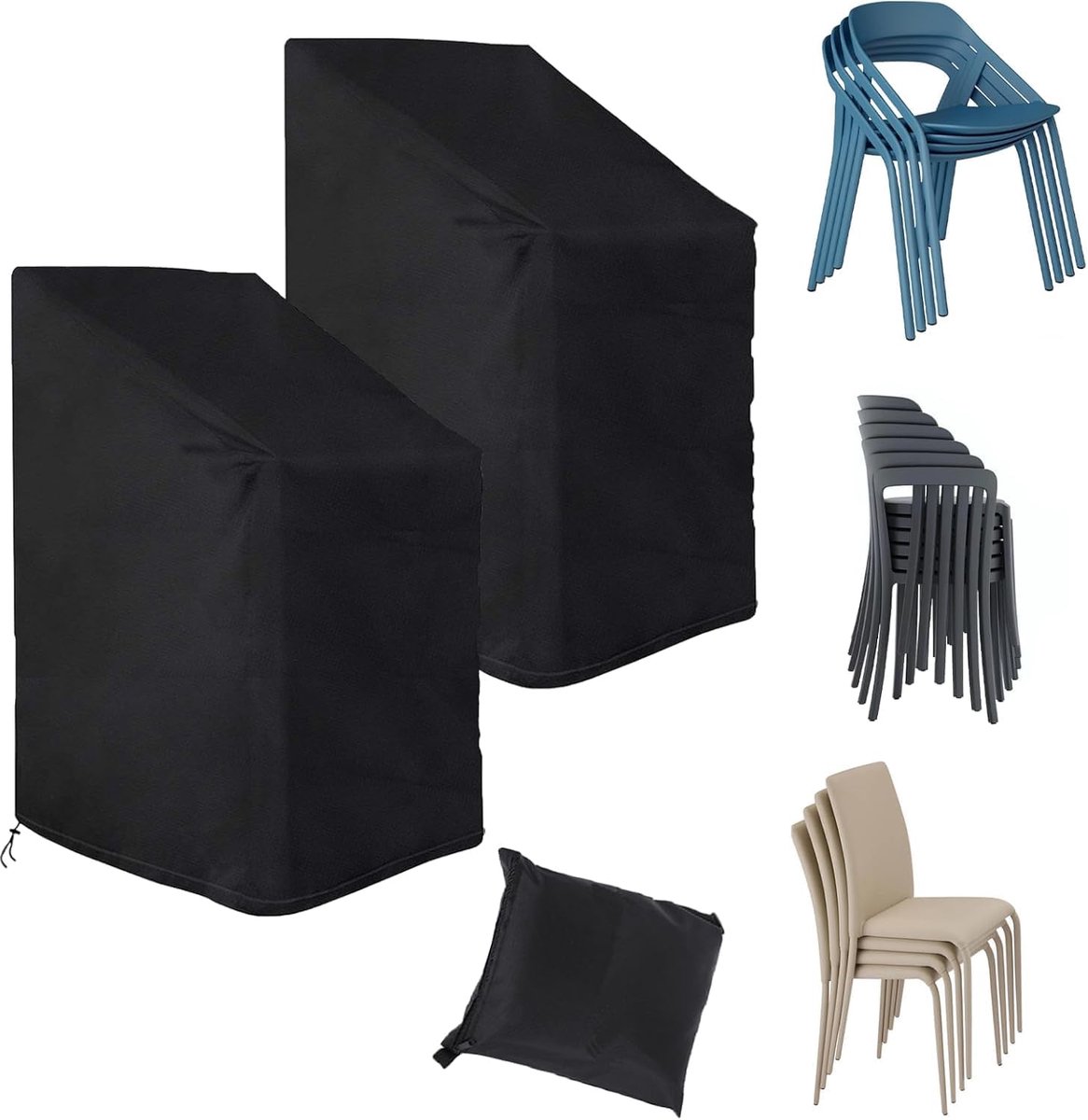 Famanu 2 Stuks tuinstoelafdekking - waterdicht - 75 x 75 x 120 cm - stapelstoelen - afdekzeil - beschermhoes - tuinstoelen - winddicht - uv - bestendig ZWART