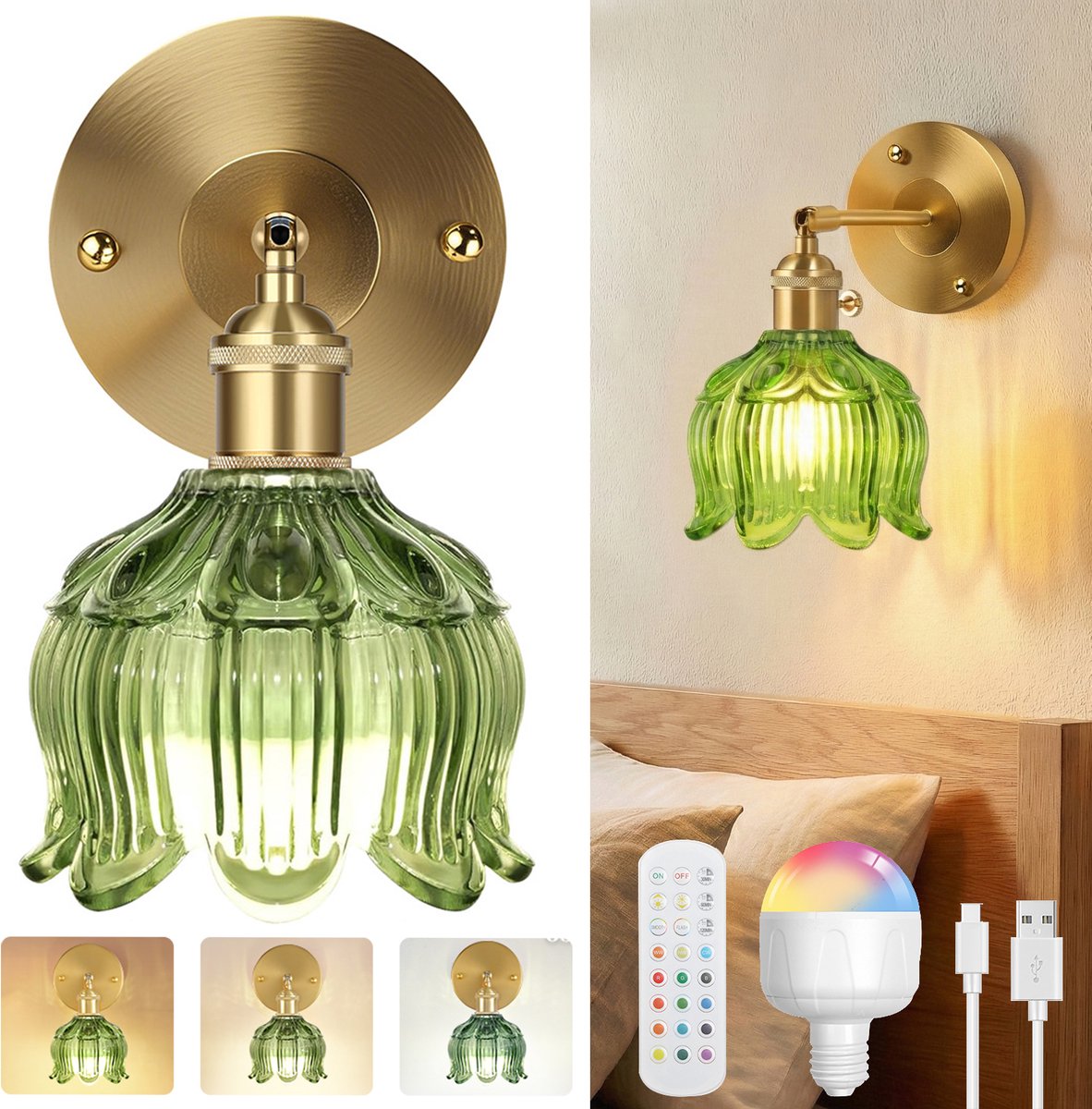 Rosnek 1 Stuk Retro Wandlamp Groen - Lelietje-van-dalen Glas - Draadloos & Oplaadbaar - Dimbaar met Afstandsbediening - Bloemen Lamp met Afstandsbediening - voor Slaapkamer - Woonkamer