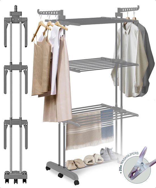 BAUER & MEYER® - Droogrek - Inklapbaar Wasrek - Incl. 20 wasknijpers - Droogtoren - Wastoren - 173 x 75 x 63 cm - Grijs