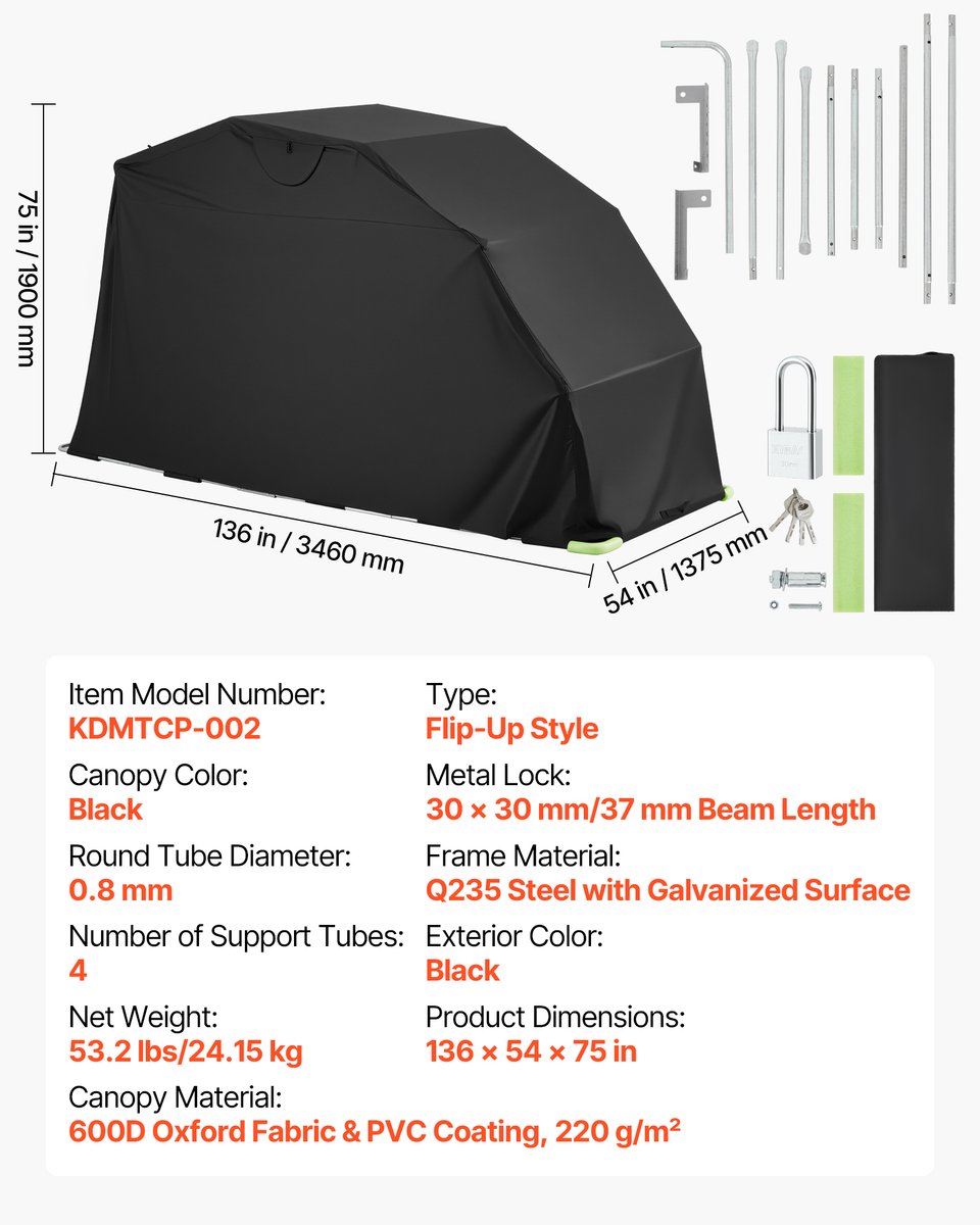 VEVOR Motortentgarage, Motorhoes 3460x1375x1900 mm, Motorgarage met veiligheidsslot, 600D Oxford vouwtent, Weerbestendige motorhoes met ventilatieramen, Zwart – foto 6