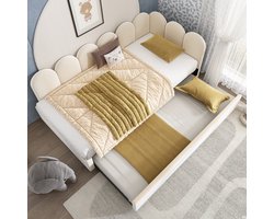 FloraGrace Gestoffeerd Bed 90x200 cm – Daybed Met Uitschuifbed 90x190 cm – Met Lattenbodem – Zonder Matras – Fluweel – Beige