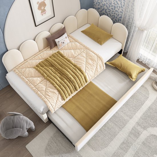 FloraGrace Gestoffeerd Bed 90x200 cm – Daybed Met Uitschuifbed 90x190 cm – Met Lattenbodem – Zonder Matras – Fluweel – Beige