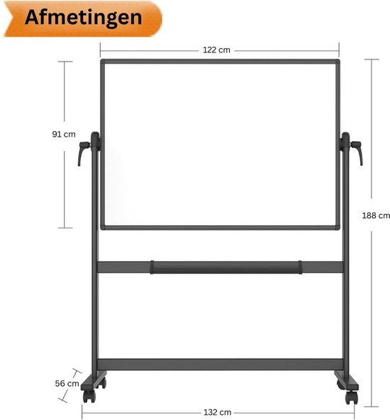 Afmetingen van een wit whiteboard op zwart onderstel met wielen.