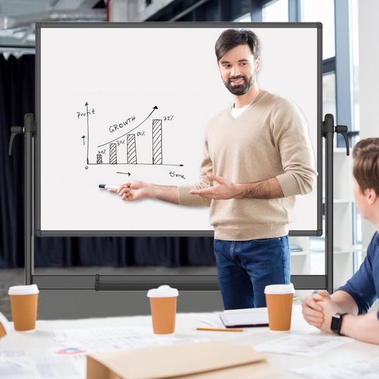 Man geeft uitleg bij grafiek op wit whiteboard tijdens vergadering.