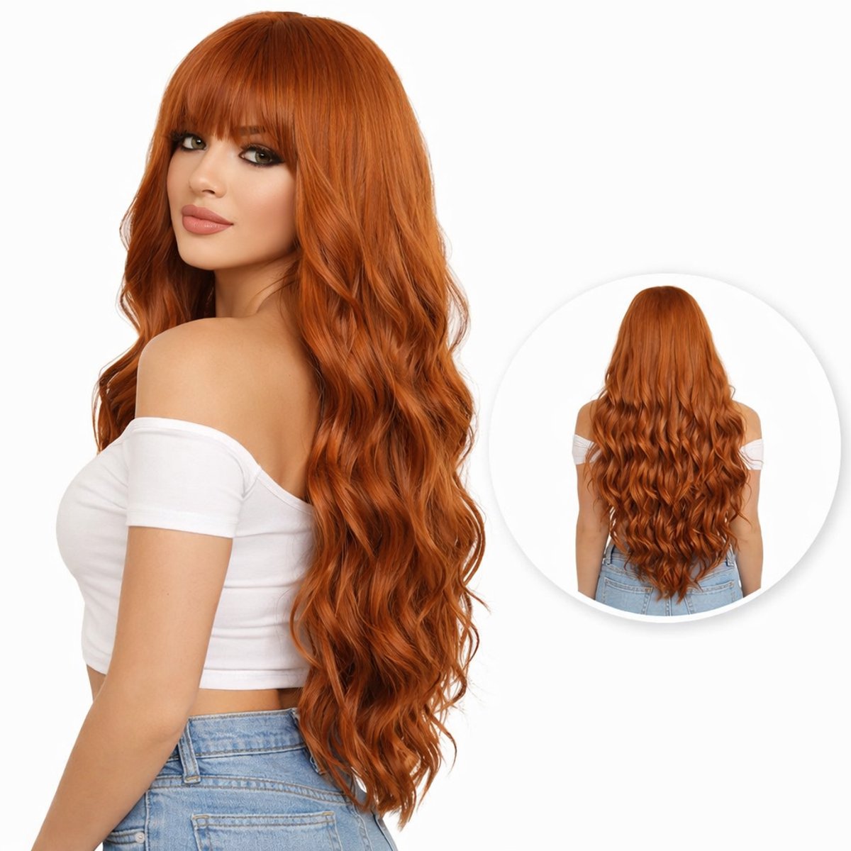 Nifkos - Koper Rode Pruik met Pony - Pruiken Dames Lang Haar - Haarwerk - Wig - Ginger Oranje Rood - Carnaval - 70 cm