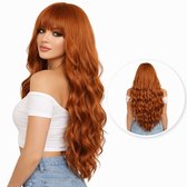 Nifkos - Koper Rode Pruik met Pony - Pruiken Dames Lang Haar - Haarwerk - Wig - Ginger Oranje Rood - Carnaval - 70 cm