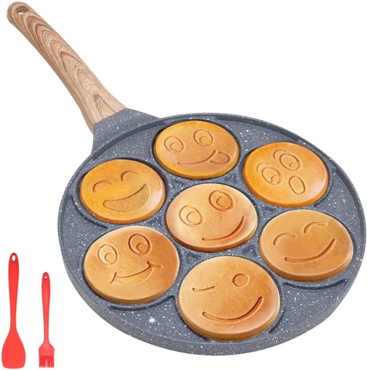 Aurixi® Smiley Face Pannenkoekenpan - Antiaanbaklaag - 7 Gaten - Mini Pannenkoekmaker - Kinderen - Inductie Compatibel - 26cm - Zwart - 26cm x 2cm x 43cm