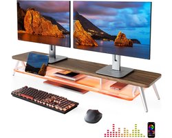 Famanu – Monitorstandaard met acryl plank en ledverlichting - tweelaagse bureauverhoger met app-bediening - houder voor telefoon en hoofdtelefoon - hoog draagvermogen - bruin