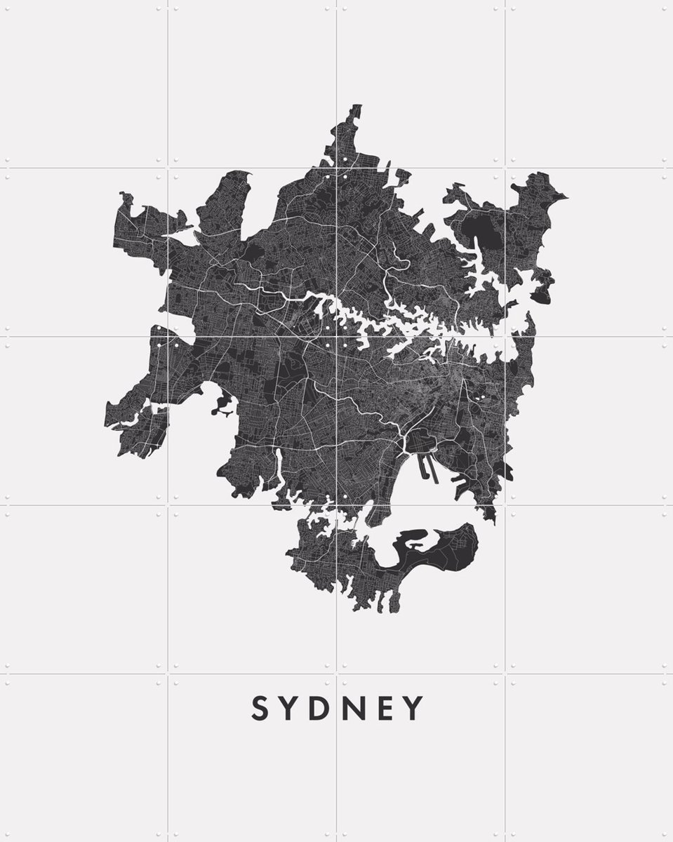 IXXI Sydney City Map, Kunst in Kaart - 80 x 100 cm - Gratis ophangtool - Grote wanddecoratie en posters - Technische Tekening, Grafisch Ontwerp