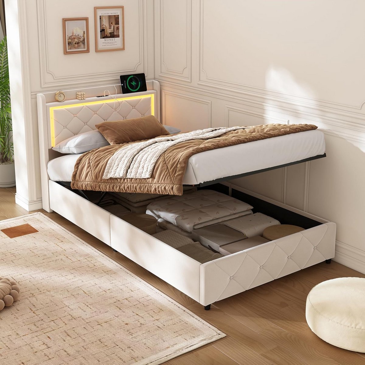 Eenpersoons Gestoffeerd Bed 90x200 met Opbergruimte en LED Hoofdeinde