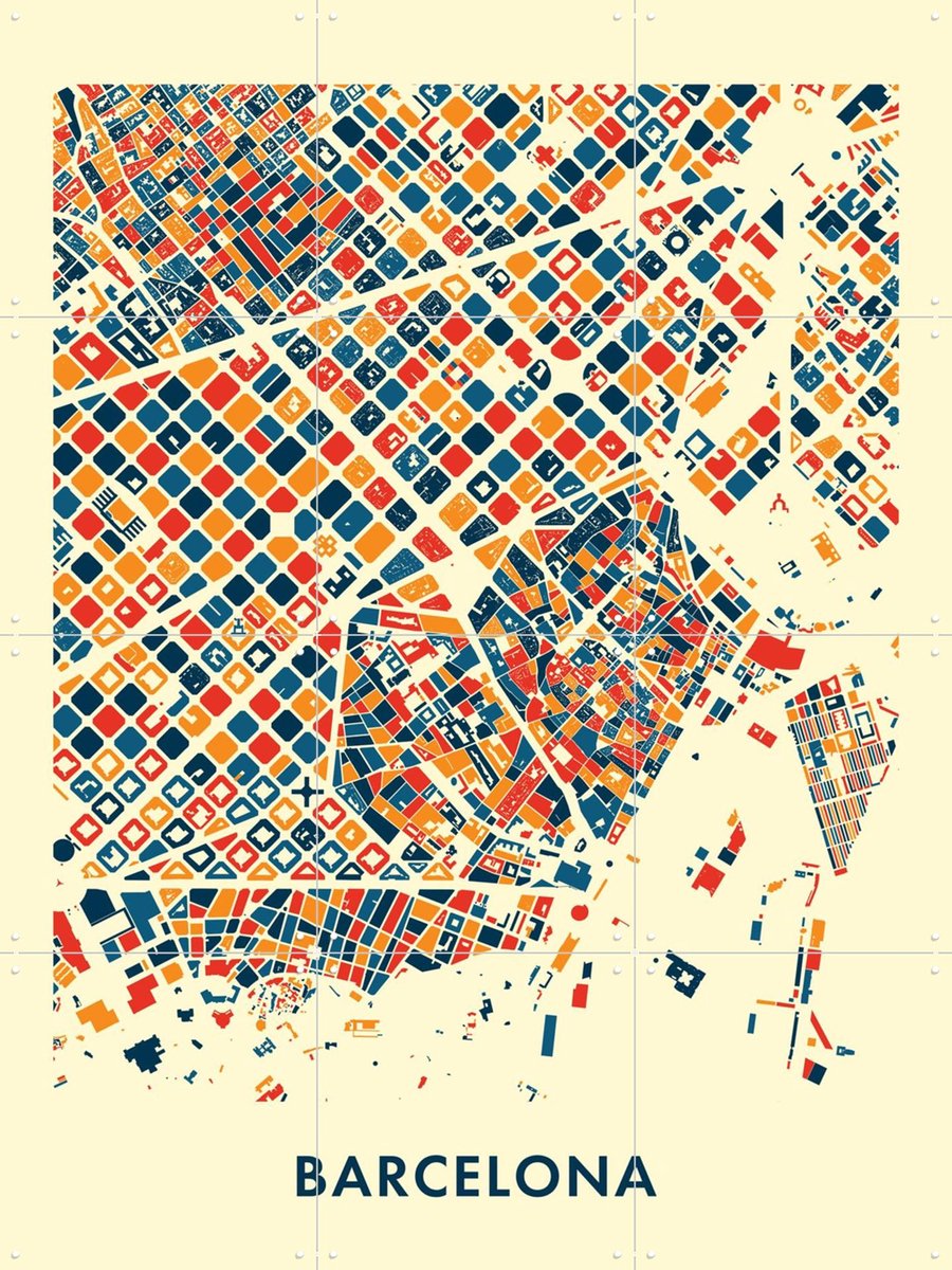 IXXI Barcelona Mosaic City Map, Kunst in Kaart - 60 x 80 cm - Gratis ophangtool - Grote wanddecoratie en posters - Geometrische Kunst, Illustraties
