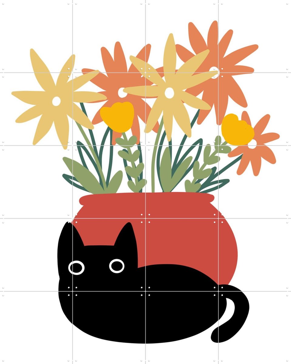 IXXI Vase with Cat, BAINAI - 80 x 100 cm - Gratis ophangtool - Grote wanddecoratie en posters - Grafisch Ontwerp, Cartoonesk, Fantasierijk