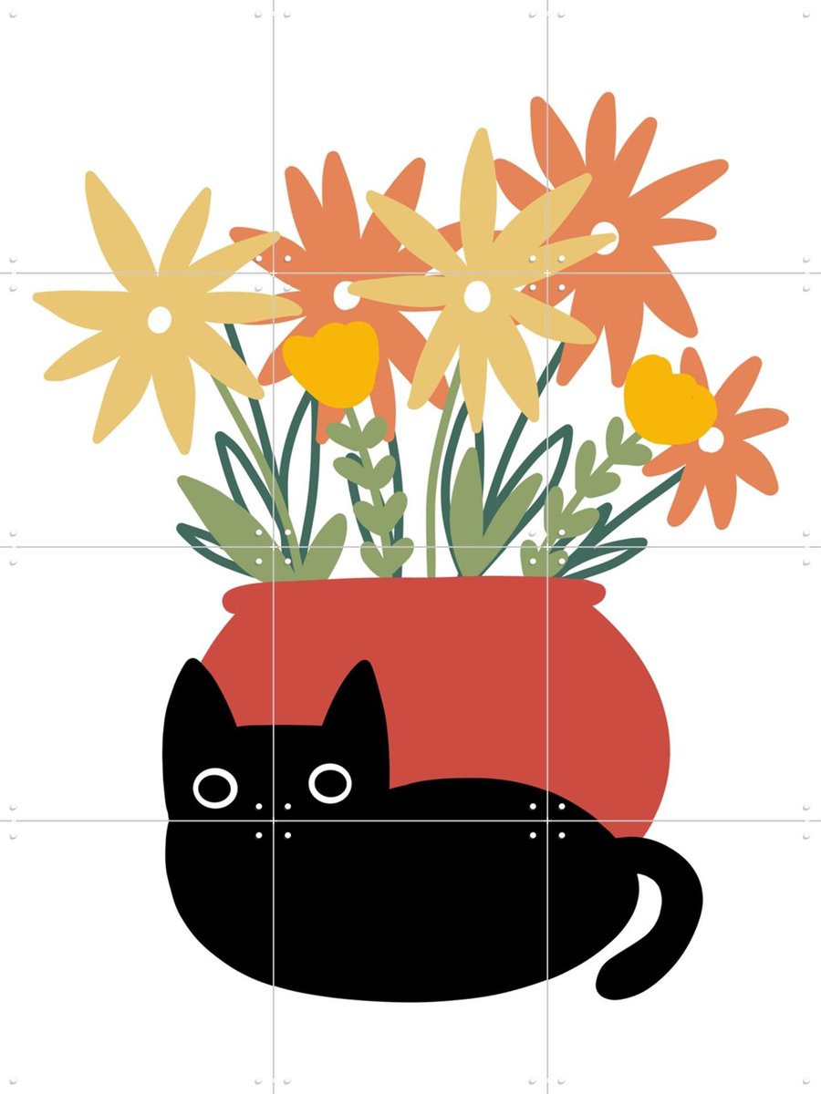 IXXI Vase with Cat, BAINAI - 60 x 80 cm - Gratis ophangtool - Grote wanddecoratie en posters - Grafisch Ontwerp, Cartoonesk, Fantasierijk