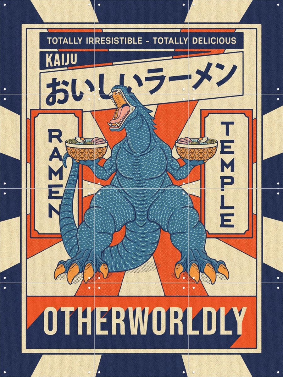 IXXI Ramen Temple Godzilla, Ryan Ragnini - 60 x 80 cm - Gratis ophangtool - Grote wanddecoratie en posters - Grafisch Ontwerp, Kleurrijk