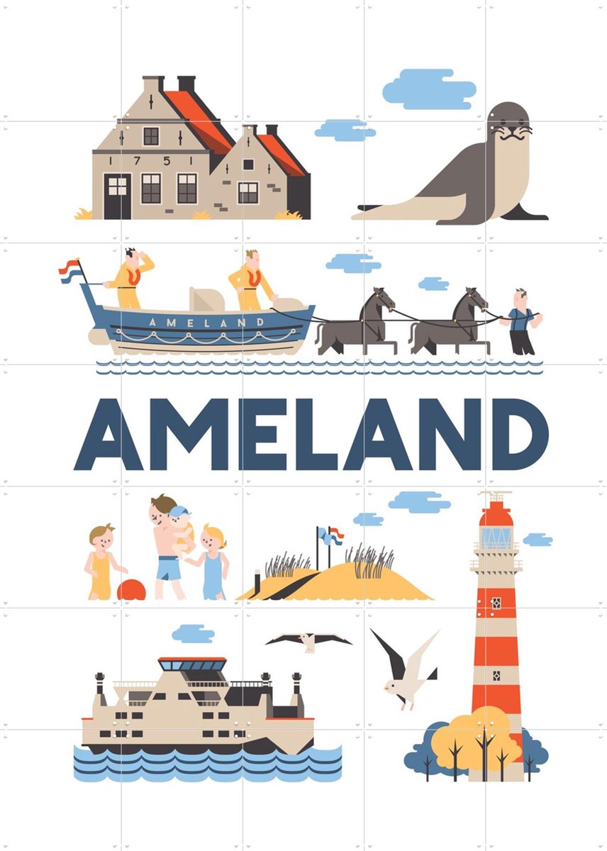 IXXI Ameland, Jochem Coenen & Kunst in Kaart - 100 x 140 cm - Gratis ophangtool - Grote wanddecoratie en posters - Kleurrijk, Speels, Grafisch