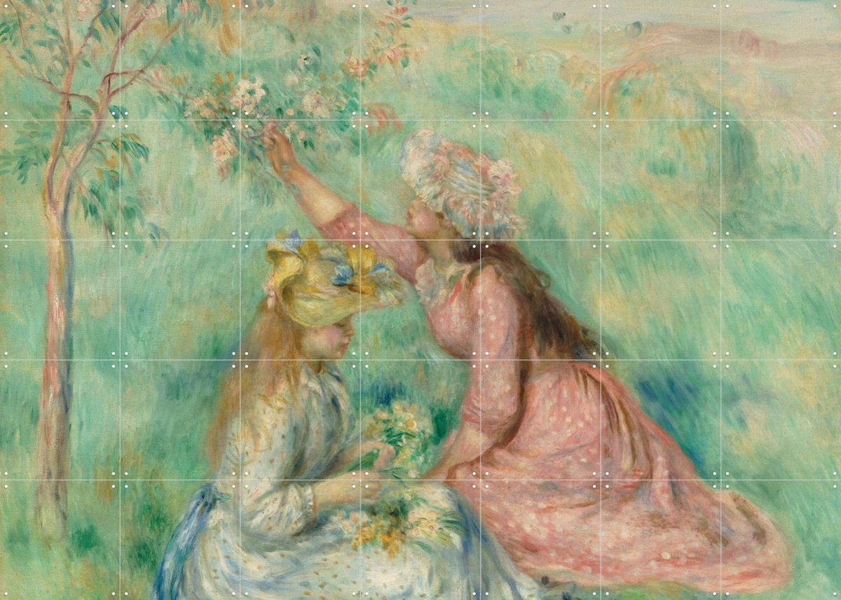 IXXI Girls Picking Flowers in a Meadow, Pierre-Auguste Renoir & Museum of Fine Arts Boston - 140 x 100 cm - Gratis ophangtool - Grote wanddecoratie en