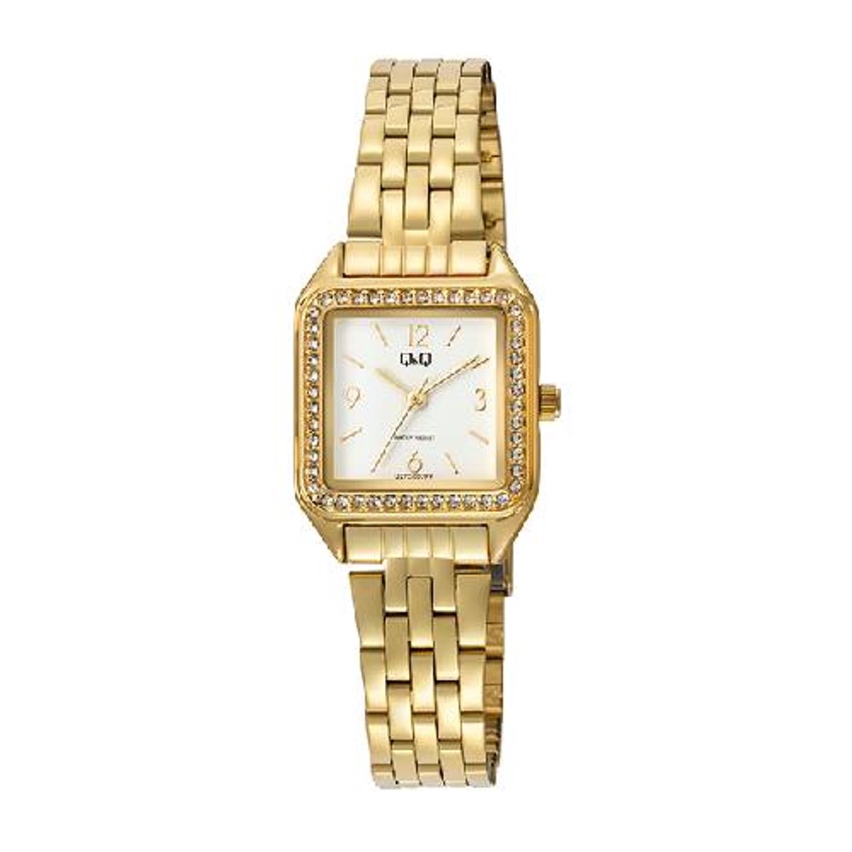 QQ-dames horloge-model q27c-002py-vierkant-kristal-goudkleurig-3 atm waterdicht-afmeting 24x24mm