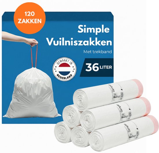 120 sacs poubelles blancs Simple de 36 litres avec cordon de serrage, fabriqués aux Pays-Bas.