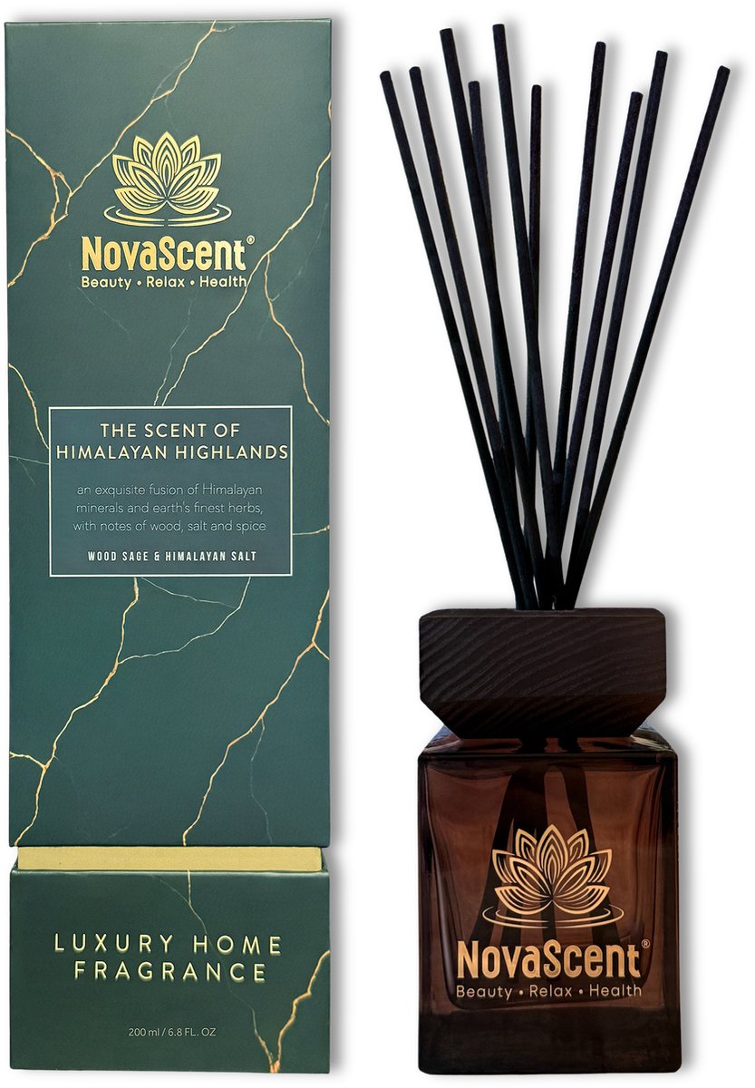 NovaScent® Home Fragrance - Himalayan Highlands (200 ml) - Wood Sage & Himalayan Salt- Rijke aroma’s - Sterk geconcentreerd - Geurstokjes - Etherische oliën - Aromatherapie - Fragrance Sticks - Huisparfum