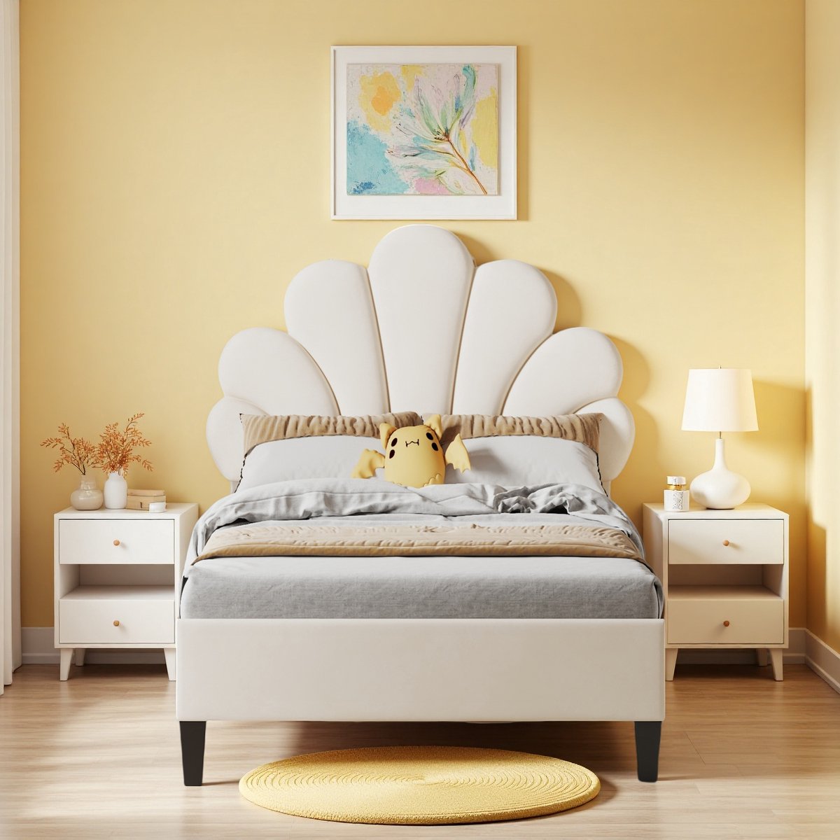 Gestoffeerd kinderbed 90 x 200 cm, bedframe met bloemvormig hoofdeinde, eenpersoonsbed voor tienermeisjes, beige fluwelen stof