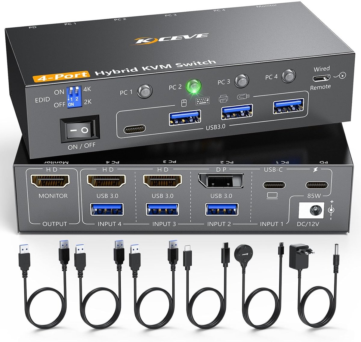 KVM Switch 4 PC's op 1 Monitor met 4K@60 Ondersteuning en USB 3.0 Hub