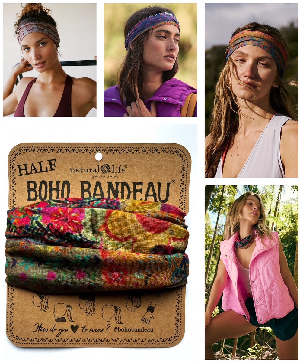 Vrolijk smal Boho Bandeau haarbandje. Met bloemen motief in oranje, oker geel, rood, en groen. Sportbandje, yoga accessoire, hoofdbandje, haarshawl, sjaaltje, ronde shawl, bohemian style, haar accessoire, zonbescherming, Lovely Scarfs