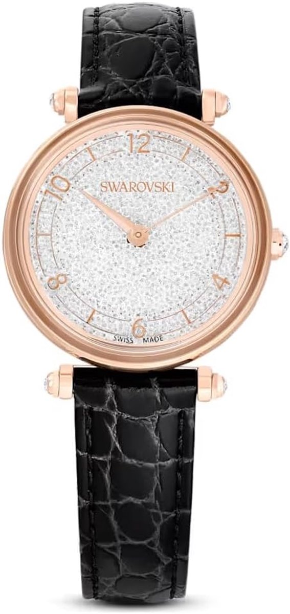 Dameshorloge Roségoud 35mm met Kristallen en Zwarte Kalfsleren Band - Waterdicht