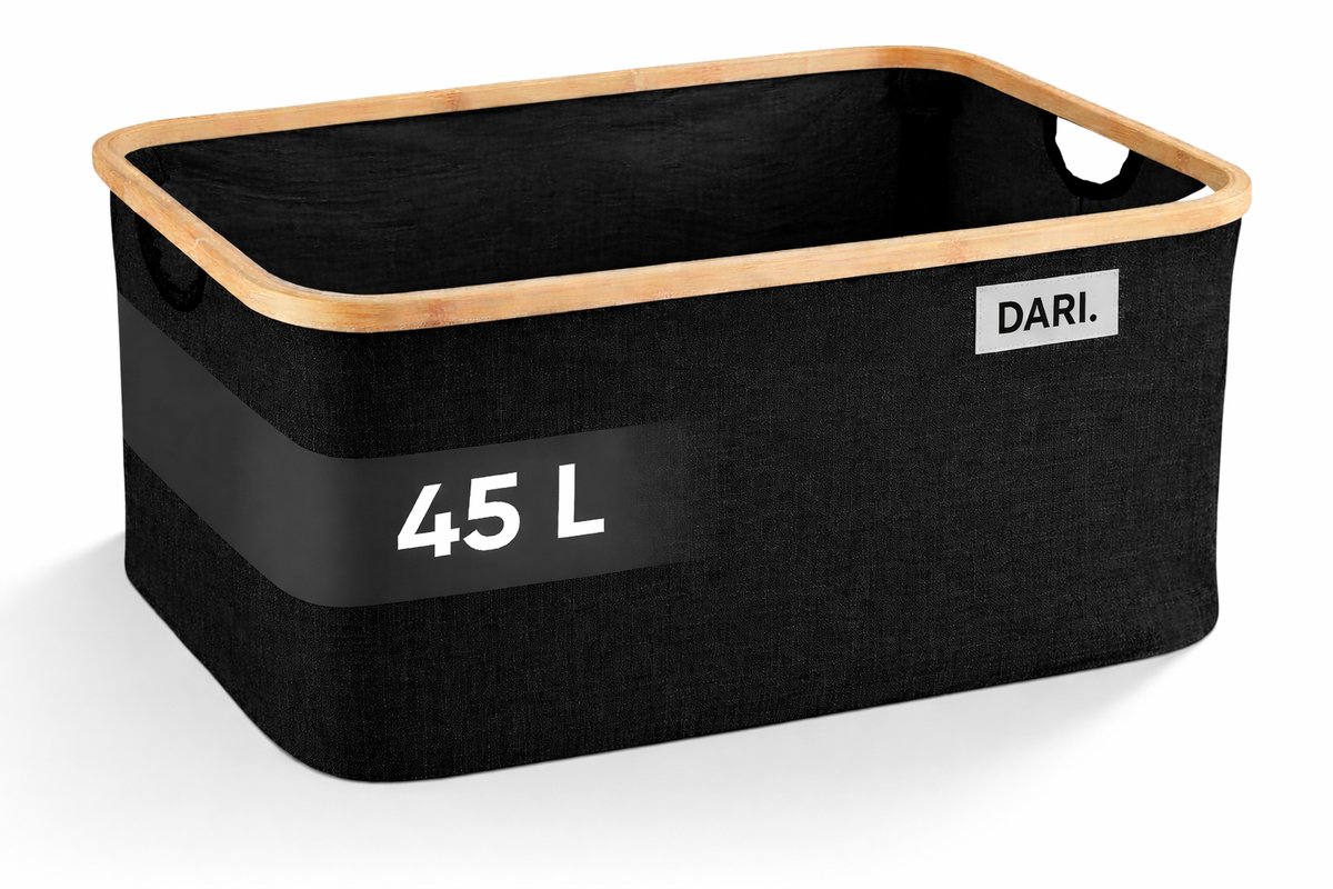 DARI. Opvouwbare Wasmand 45L – Heupwasmand – Wasmanden – Opbergmand – Wasbox – Bamboe – Zwart