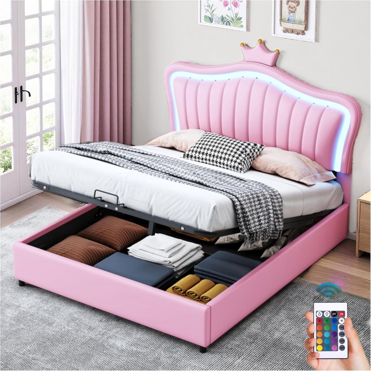 Hydraulisch Opbergbed 140x200 cm met LED Verlichting, Roze PU-leer Luxe Slaapkamerbed