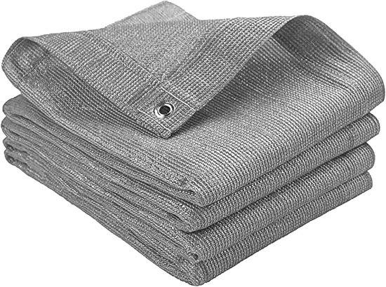 Gevouwen grijs windscherm van 180GSM HDPE-materiaal met oogjes voor bevestiging.