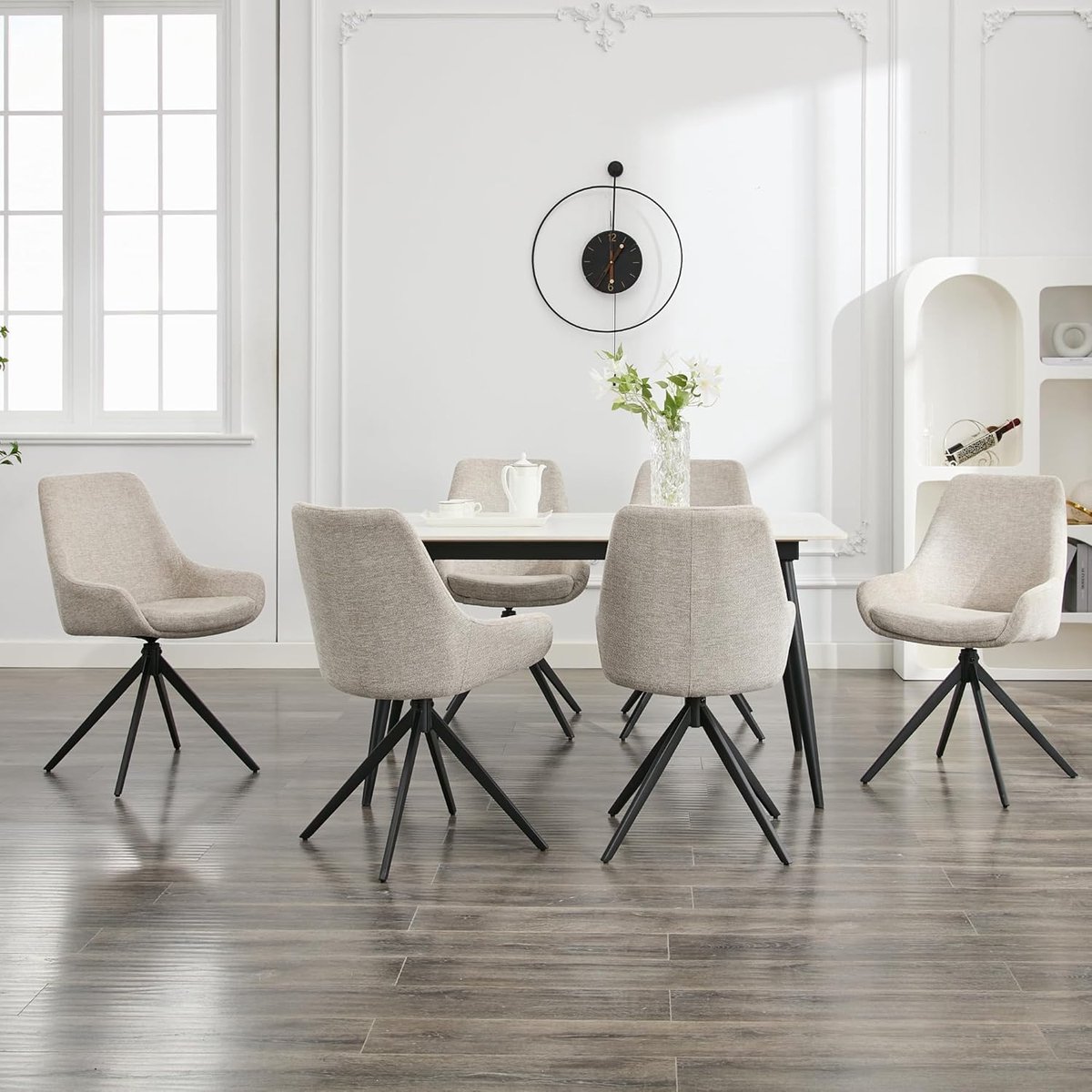 Eetkamerstoelen Set van 6 Draaibaar Ergonomisch – 44 x 52 x 86 cm – Moderne Armloze Keukenstoelen met Comfortabele Zitting en Metalen Onderstel – Wit – Abkantoor