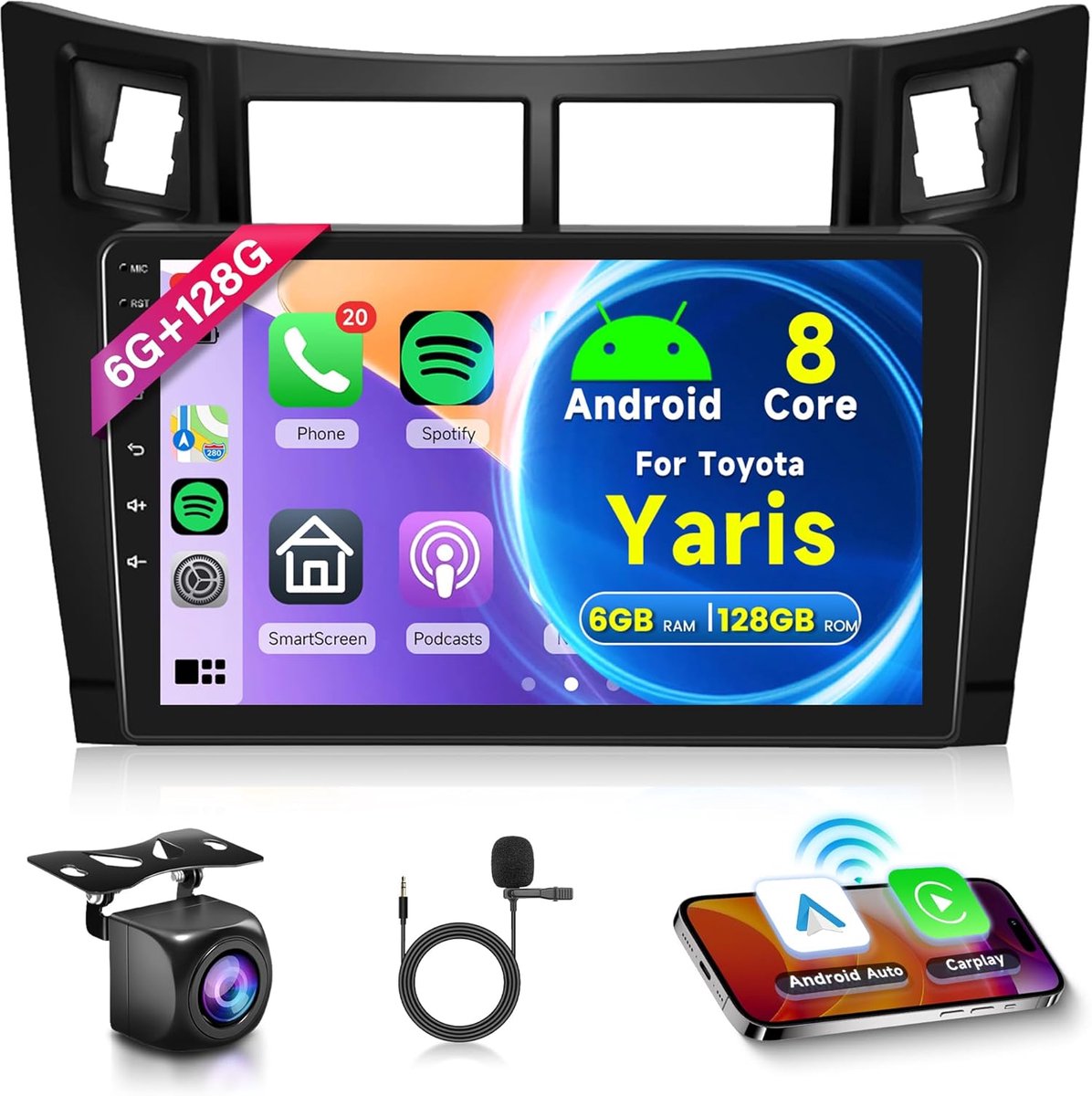 Android Auto Radio 2 Din voor Toyota Yaris (2005-2011) met 128GB opslag en 6GB RAM