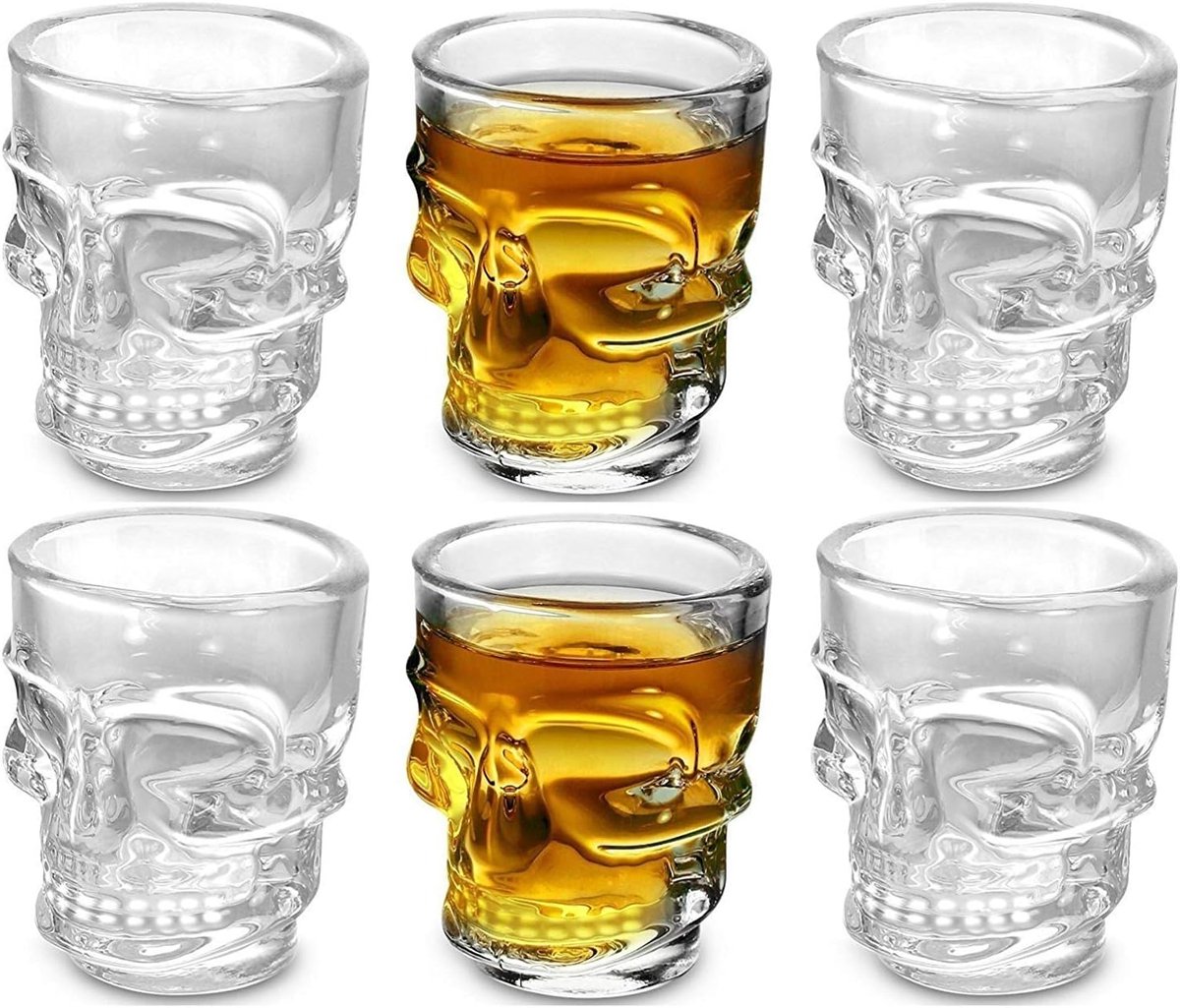 Set van 6 Whiskey Shotglaasjes met Doodshoofd Design - Dunne Bodem - 45 ml