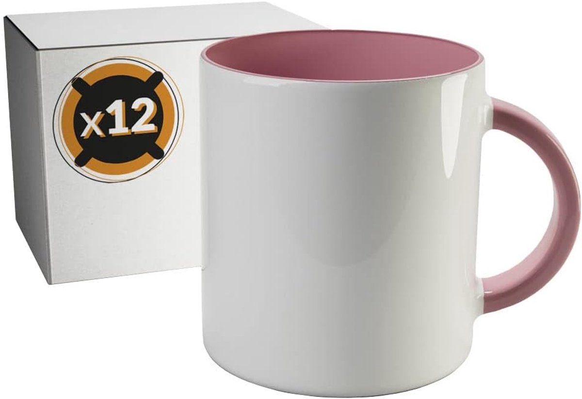 12 Witte Keramische Sublimatie Mokken met Roze Binnenkant 350ml