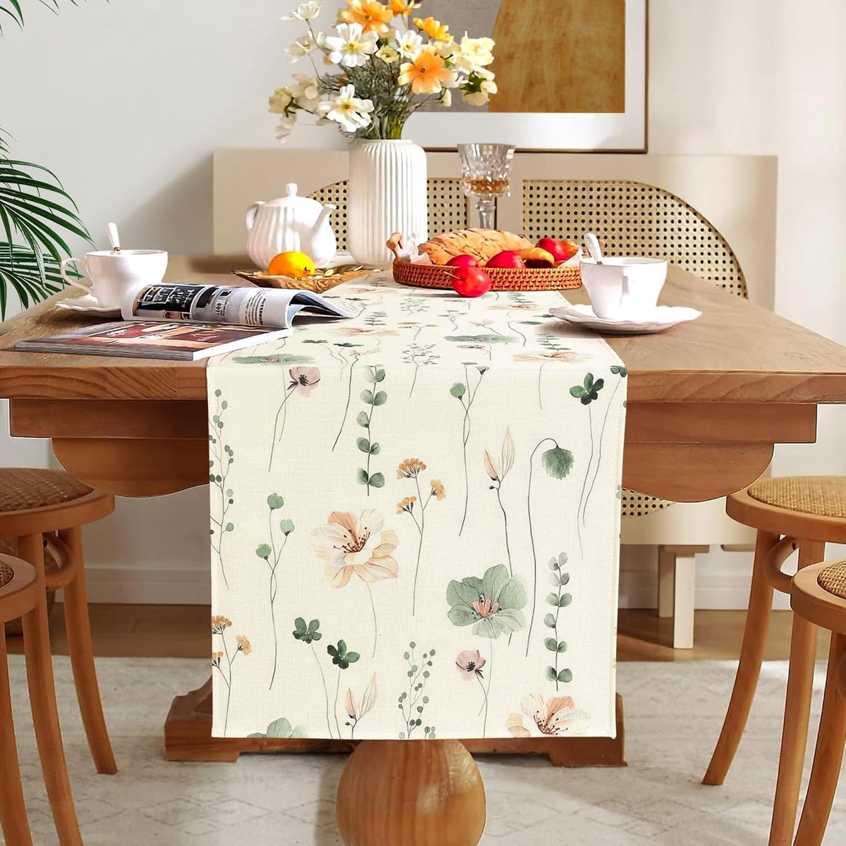 Linnen Tafelloper Keuken & Eettafel - Waterafstotend en Wasbaar Bloemen & Planten Design