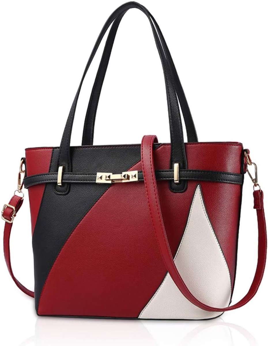 Dames Shopper Tas Zwart Rood Schoudertas PU Leer Grote Handtas