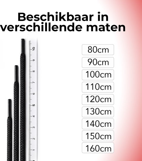 Zwarte veters van verschillende lengtes, naast een centimetermaat. Beschikbaar in maten 80cm t/m 160cm.