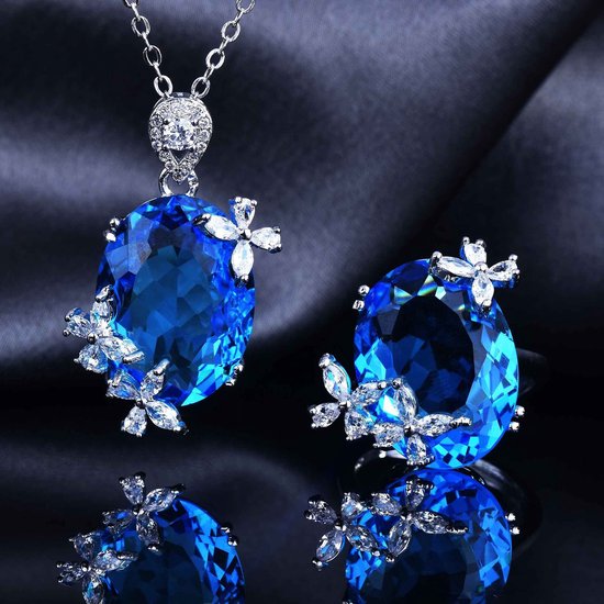 Sieradenset/Vlinderring + Aquamarijnketting in snoepstijl Blauw en Zilver