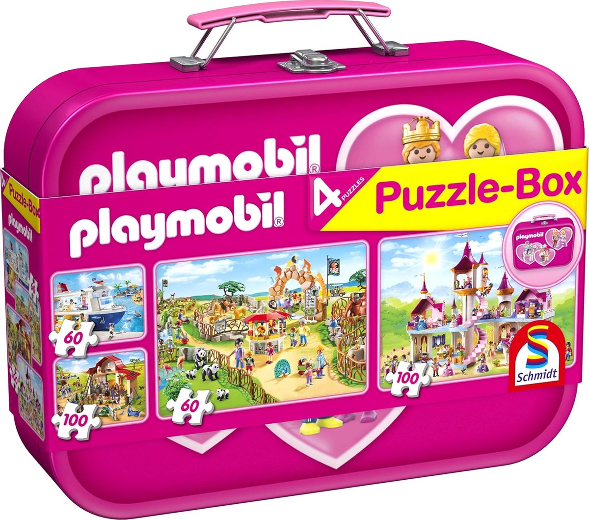 Puzzelbox 4-in-1 met Playmobil Thema: 2x60 en 2x100 Stukjes Puzzels voor Kinderen vanaf 5 Jaar