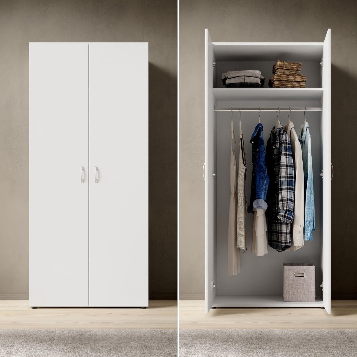 Kledingkast 4-deurs Casa Velluto Modern Wit – Ruime slaapkamerkast met legplanken en kledingstang – Minimalistisch design, praktische opbergruimte, wielen, eenvoudig te monteren 80x177x52 cm