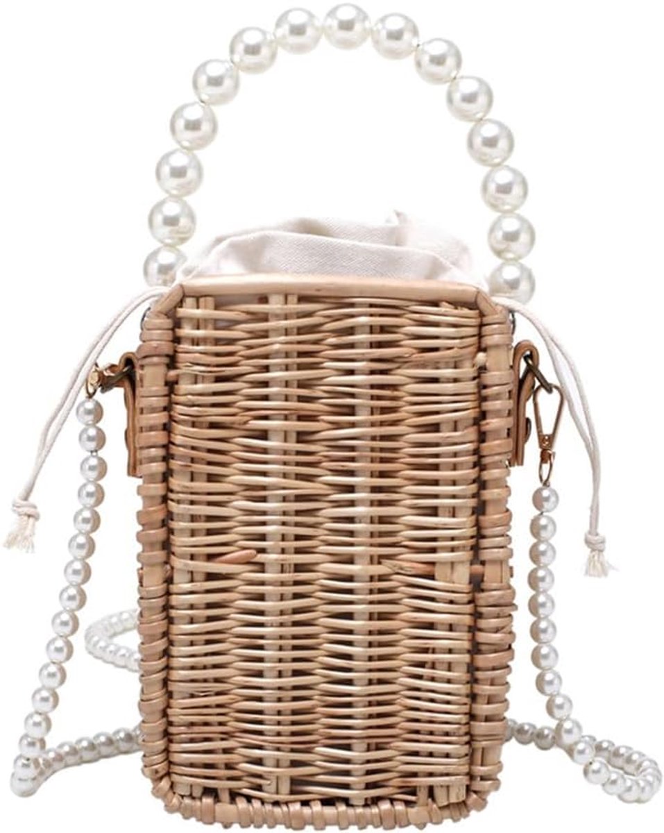 Handgemaakte Rotan Schoudertas van Stro met Kralen - Bohemian Zomer Tas